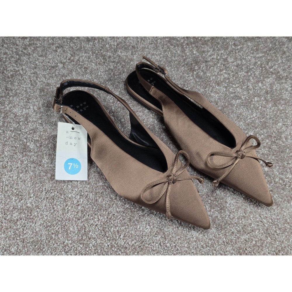 A New Day Camille Taupe Brown Satin Pointed Toe Slingback Bow Flats Size 7.5